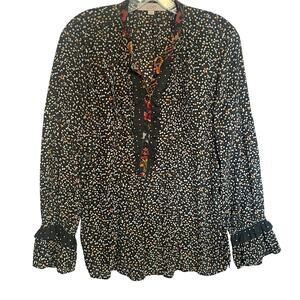 LOFT Ruffled Popover Top Womens Large Green Mixed Mini Floral Pintucked Blouse